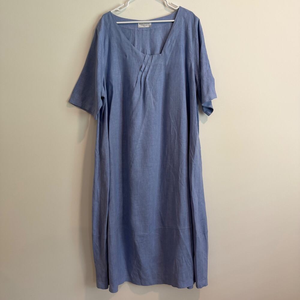 Haris Cotton Dress Womens XL Blue Linen Short Sleeve Pockets Laganlook Summer
